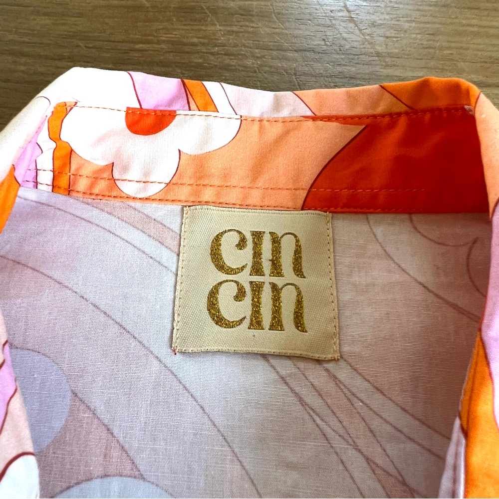 Cin Cin Shadow Bloom Orange and White Floral Button-Up Cotton Shirt Size Small - Picture 6 of 11